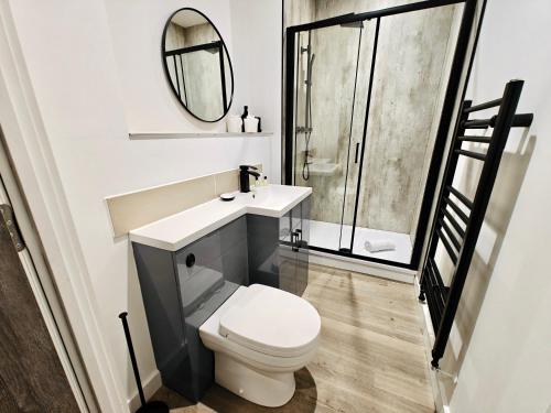 a bathroom with a toilet and a sink and a mirror at Executive 1-Bed Apartment in Town in Bury