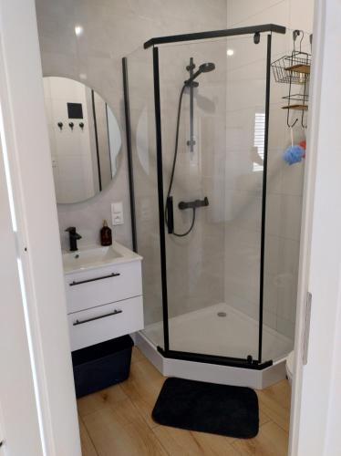 a bathroom with a shower and a sink at Domek Na Klinie in Jastrzębia