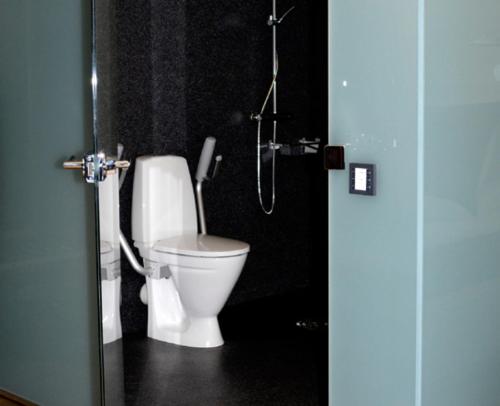 a bathroom with a toilet and a shower at Kongsvinger Castle Hotel & Resort in Kongsvinger