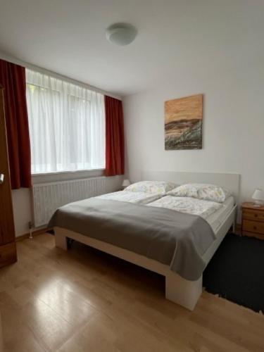 a bedroom with a bed and a window at Ferienhaus Schiemel in Altmünster