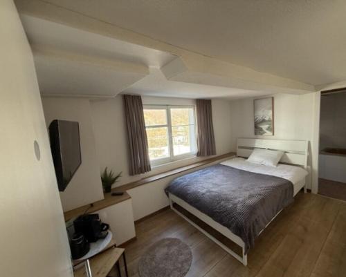 a bedroom with a bed and a television in it at Hotel Central - Self Check-in in Luchsingen