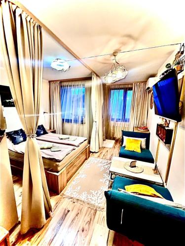 a room with a bed and a couch in it at Borovets luxury studio in Samokov