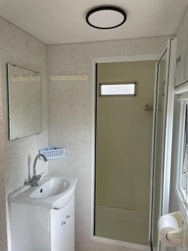 a bathroom with a sink and a shower and a mirror at Houseboatvinkeveen Lelie in Vinkeveen