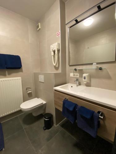 a bathroom with a sink and a toilet and a mirror at Hotel Cleo in Kasterlee