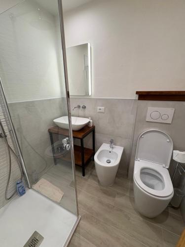 a bathroom with a toilet and a sink at Cozy Mountain Apartment with Cimone view in Faidello
