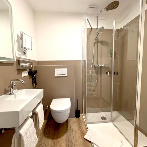 a bathroom with a shower and a toilet and a sink at Burg Warberg in Warberg
