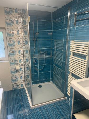 a bathroom with a shower with blue tiles at Rodinný dům se zahradou - Pardubice Svítkov in Pardubice