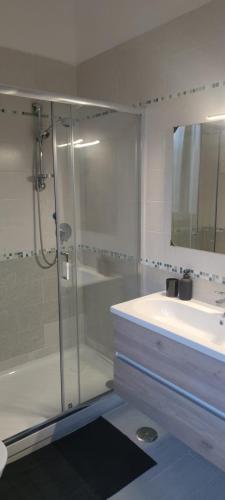 a bathroom with a glass shower and a sink at The Reggia Nest in Caserta