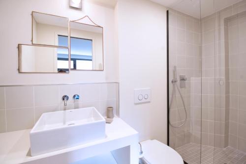 ein weißes Bad mit einem Waschbecken und einer Dusche in der Unterkunft Villa luxueuse & moderne in Toulouse