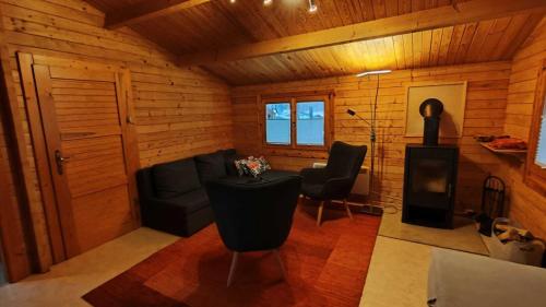 a living room with a couch and chairs in a cabin at Holzhaus direkt am See in Priepert