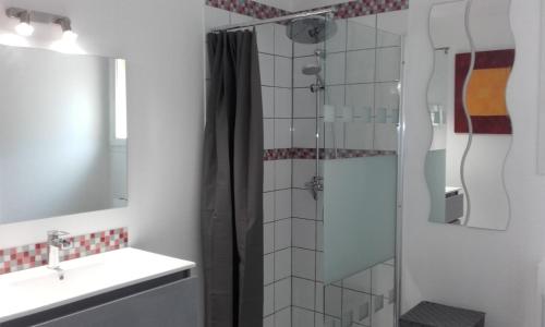 une salle de bain avec une douche, un lavabo et un miroir dans l'établissement Les jumelles, à Sarlat-la-Canéda