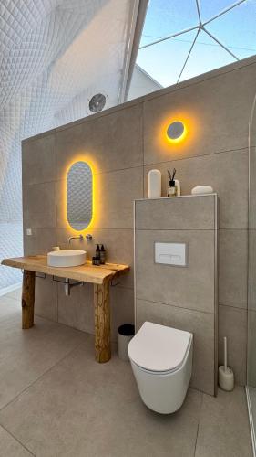 a bathroom with a toilet and a sink at Les Dômes du Moulin in Urtaca