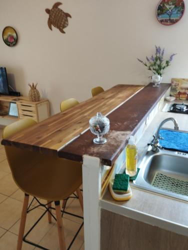 a kitchen with a wooden counter top and a sink at Dauphin bleu in Saint-André