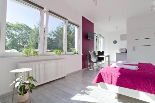 a white bedroom with a pink bed and windows at LC pokoje & apartamenty B52 in Szczecin