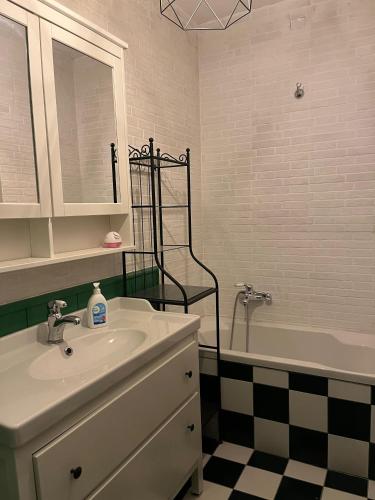 a bathroom with a sink and a bath tub at Casa vacanze La Fenice 2 in Pietranico