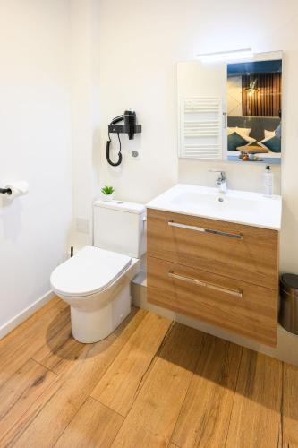 a bathroom with a toilet and a sink at L'Esplanade Hôtel Restaurant Bar à vin in Le Pellerin