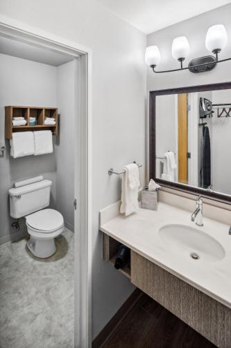 a bathroom with a toilet and a sink and a mirror at Aviator Suites Hotel Juneau Airport by Aspen Hotels in Juneau
