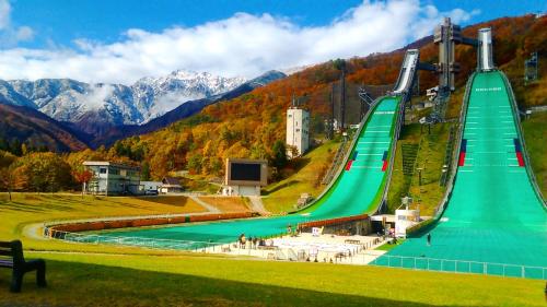 a green slide in the middle of a river at Sunny Side Hut in Hakuba