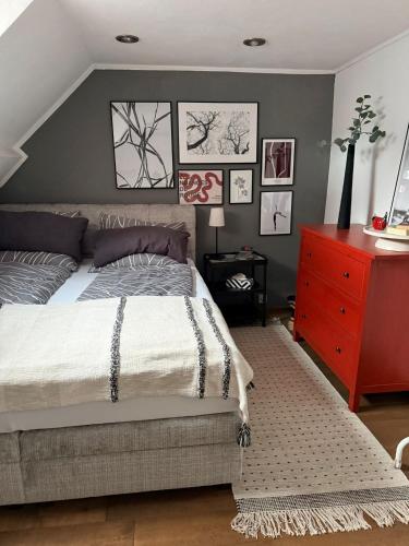 a bedroom with a bed and a red dresser at Ferienwohnung Uchtelfangen in Illingen
