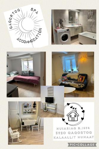 a collage of pictures of a kitchen and a living room at Qaqortoq Spa Accommodation in Qaqortoq