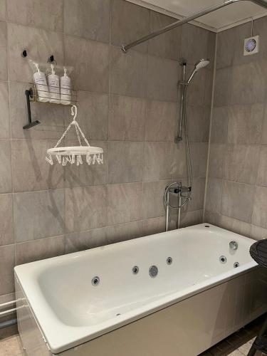 a bath tub in a bathroom with a shower at Qaqortoq Spa Accommodation in Qaqortoq
