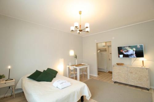 a bedroom with a bed and a table and a television at Borg Kiertokatu, Spacious Studio Apt, Free Parking in Pori