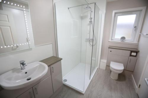 a bathroom with a shower and a sink and a toilet at Kirkwall town centre apartment 1 in Kirkwall