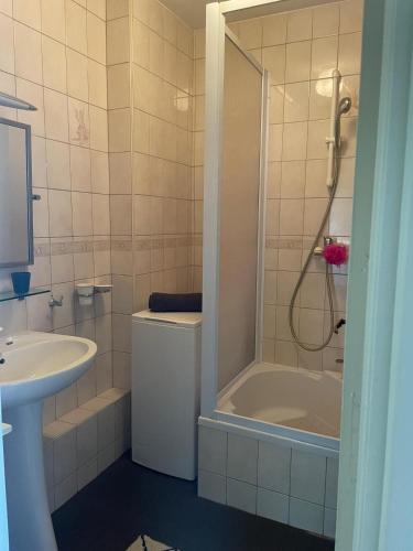a bathroom with a shower and a toilet and a sink at Appartement entier Velodrome in Roubaix