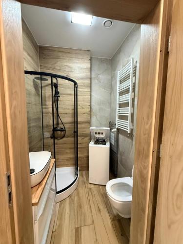 a bathroom with a shower and a toilet and a sink at Apartamenty na Witosa in Nowa Sól