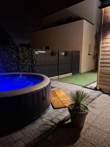 une grande baignoire dans un jardin avec une plante en pot dans l'établissement Maisonnette Rétro Loc, à Amfréville