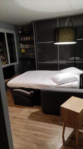 a bedroom with a bed with a black headboard at Studio cosy à deux pas de Paris in Clichy