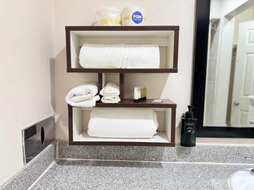 a bathroom with a shelf with towels and a mirror at Alien Residence Inn in Pecos