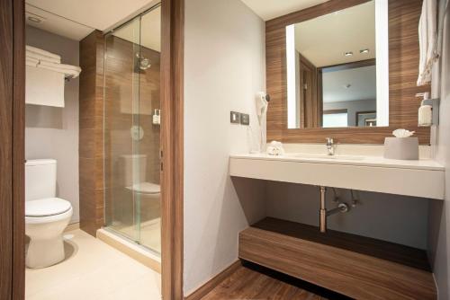 a bathroom with a sink and a toilet and a mirror at Holiday Inn Express Morelia by IHG in Morelia