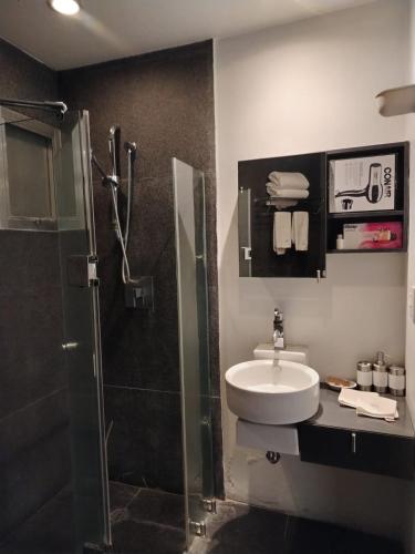 a bathroom with a sink and a shower at Suites Aura For Living in Mexico City