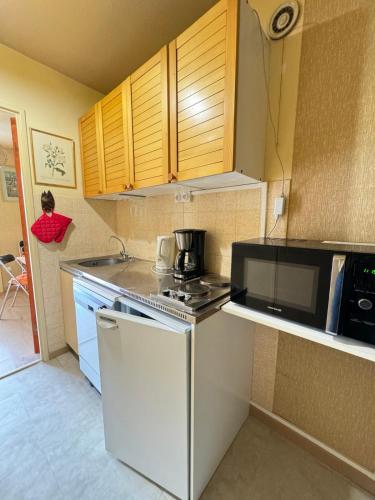 une cuisine équipée d'une cuisinière et d'un micro-ondes dans l'établissement Appt Confortable in Superdévoluy, à Saint-Étienne-en-Dévoluy