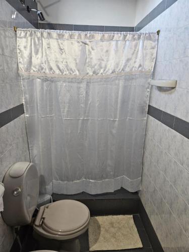 a bathroom with a toilet and a shower curtain at Posada Oporto in La Rioja