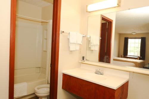 a bathroom with a sink and a toilet and a mirror at Hotel Deerfield Inn & Suites Acworth Atlanta in Acworth
