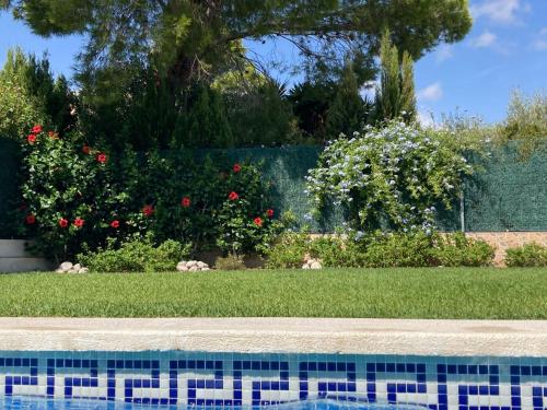 a swimming pool in a yard with flowers at Holiday Home Casa Blumer by Interhome in Les tres Cales