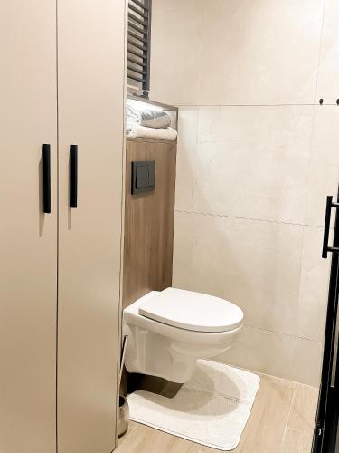 a bathroom with a toilet and a glass shower at Stobrawa premium 2 in Kluczbork