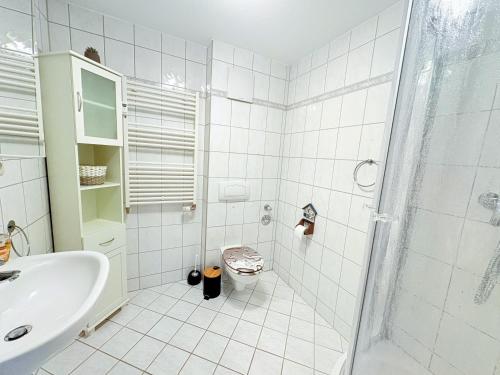 a bathroom with a shower and a sink and a toilet at Fewo Lebensart - in bester Lage, mit TG und Balkon in Baabe