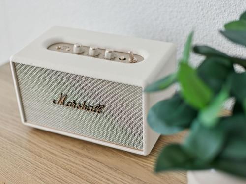 a white speaker sitting on a table next to a plant at Apartment Loft Seven by Interhome in Root