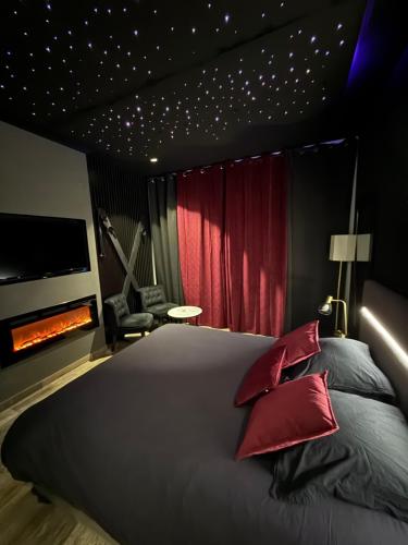 a bedroom with a large bed and a fireplace at Loft, Studio and Love Rooms in Bourg-Saint-Christophe