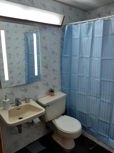 a bathroom with a toilet and a sink and a mirror at Reñaca - Primera linea de playa con gran terraza in Viña del Mar