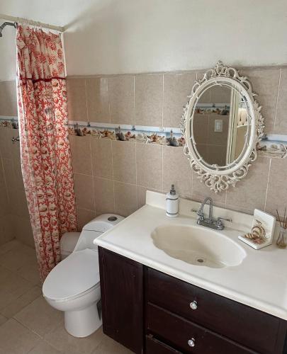 a bathroom with a toilet and a sink and a mirror at Luxury loft with pool and beautiful view in Tampico