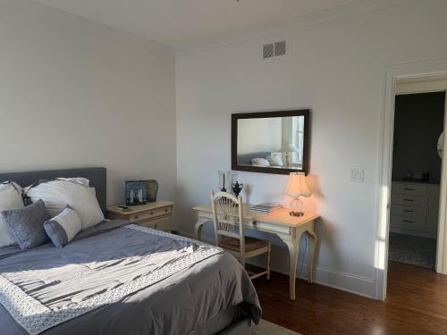 a bedroom with a bed and a desk with a mirror at The Lyons' Den in Chicago