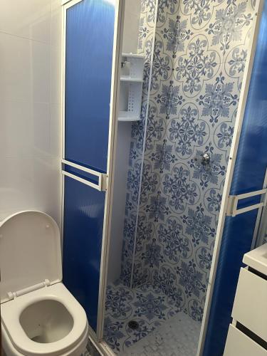 a small bathroom with a toilet and a shower at Siga Sumercé Apartamento completo centro de Duitama in Duitama