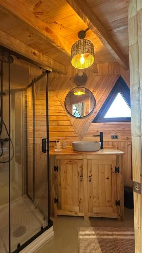a bathroom with a shower and a sink in a room at Villa Santa Rita in Cobquecura