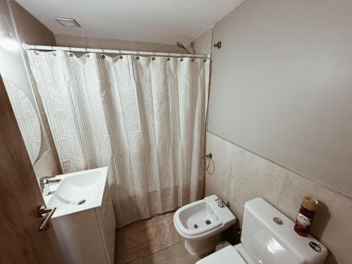 a bathroom with a sink and a toilet and a shower at Maju in Neuquén