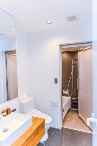 a bathroom with a sink and a toilet and a shower at Myoko Cedric Villa 01 in Myoko