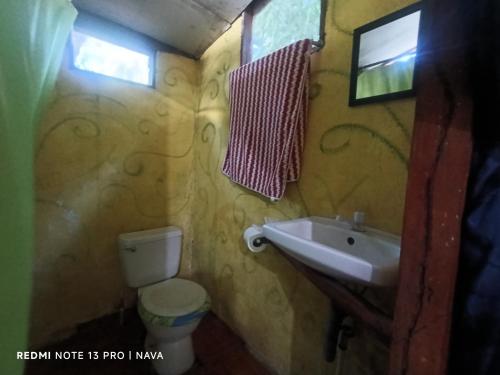 a small bathroom with a toilet and a sink at Hostal La Gloria in Mérida